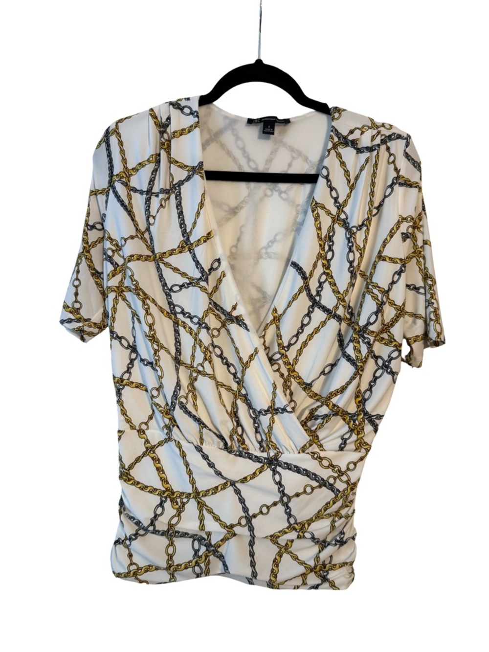 INC International Concepts Chain-Print Surplice Top - White/Gold/Gray